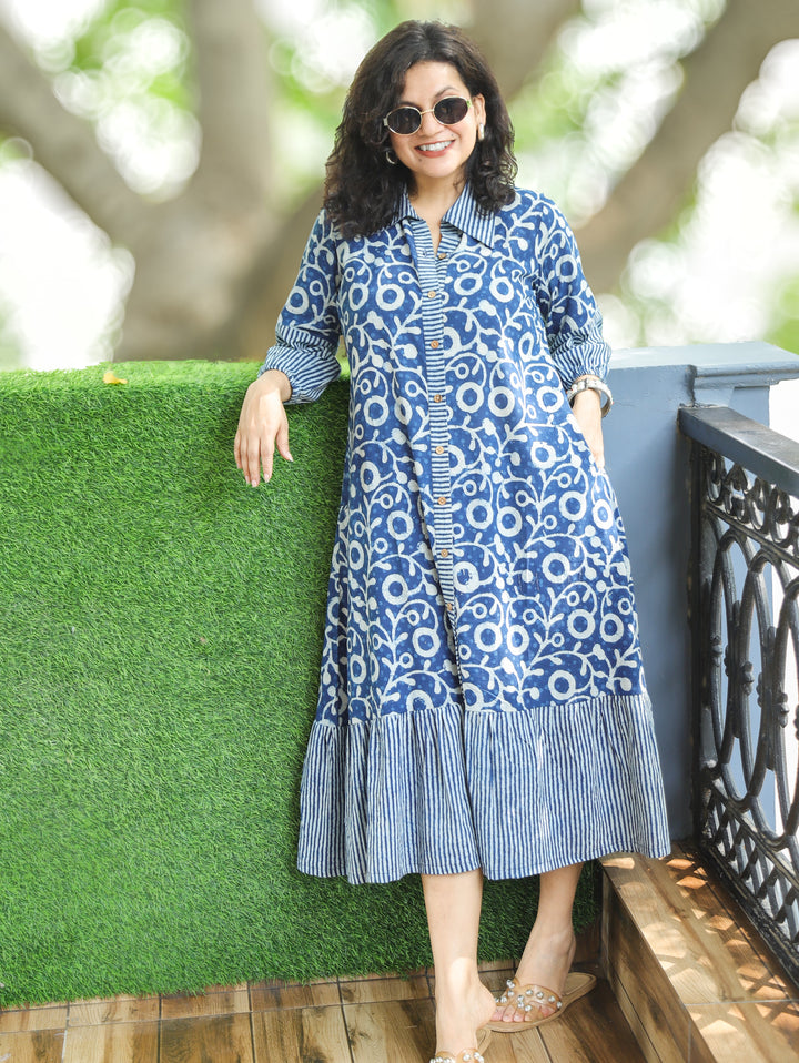 Asya Prussian Blue Dabu Print Button Down Cotton Dress