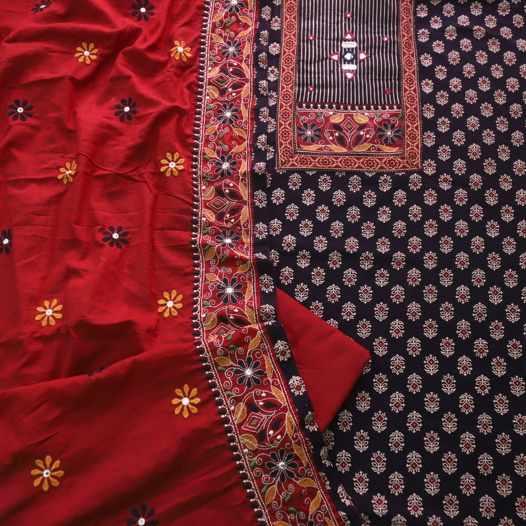 Hairat Ebony Black Kutch Patch with Mirror Work Printed Cotton Suit Set