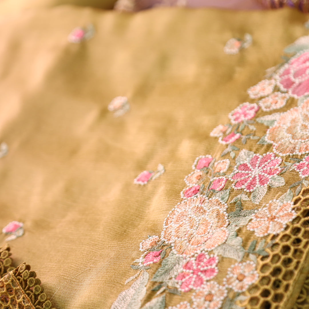Avinya Yellow Thread Embroidered Hem Crinkle Shimmer Tissue Organza Set