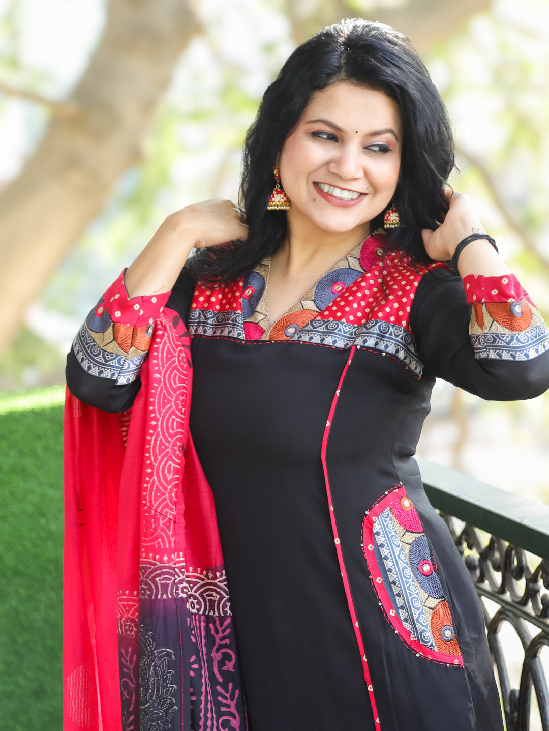 Parvati Oil Black Mashru Embroidered V Neck Yoke Panel Modal Silk 3 Piece with Pocket