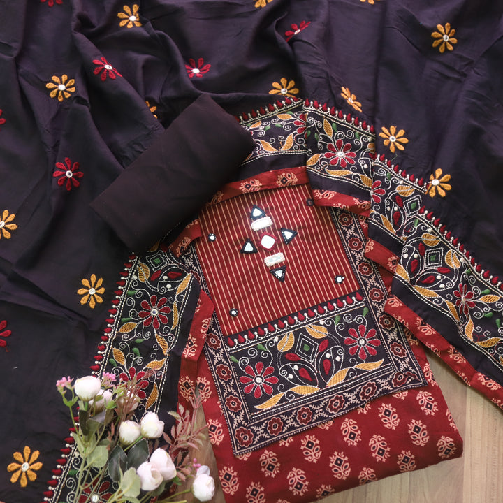 Hairat Berry Red Kutch Patch with Mirror Work Printed Cotton Suit Set