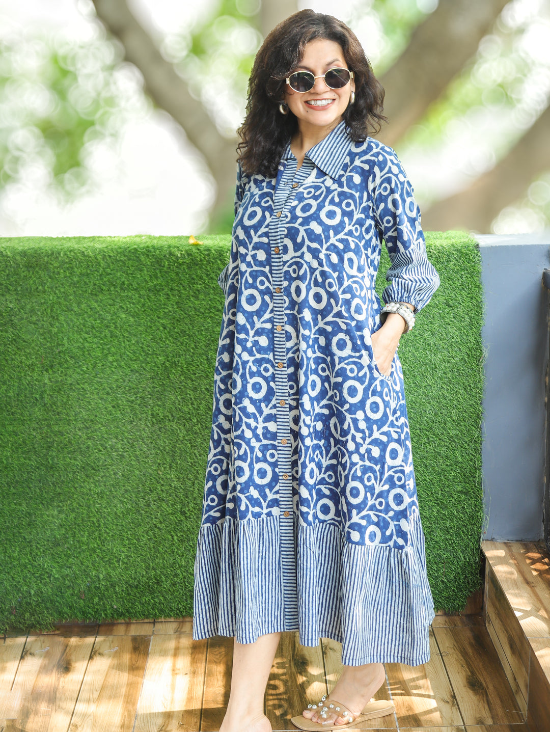 Asya Prussian Blue Dabu Print Button Down Cotton Dress