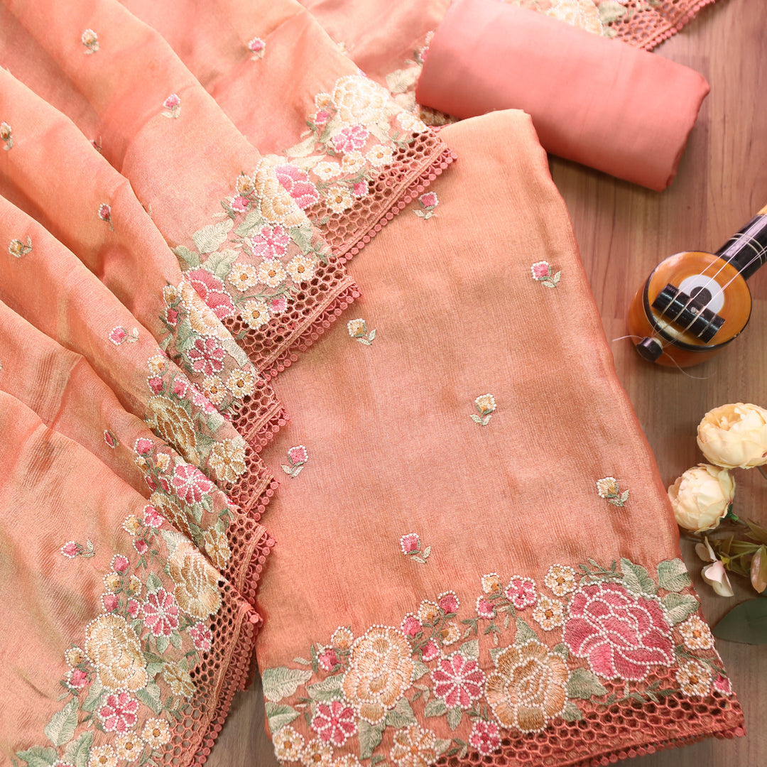 Avinya Peach Thread Embroidered Hem Crinkle Shimmer Tissue Organza Set