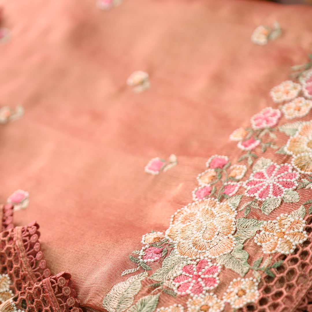 Avinya Peach Thread Embroidered Hem Crinkle Shimmer Tissue Organza Set