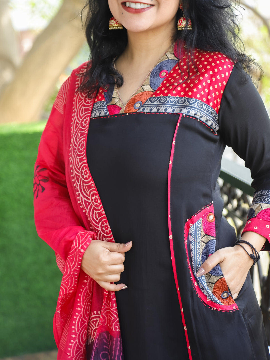 Parvati Oil Black Mashru Embroidered V Neck Yoke Panel Modal Silk 3 Piece with Pocket