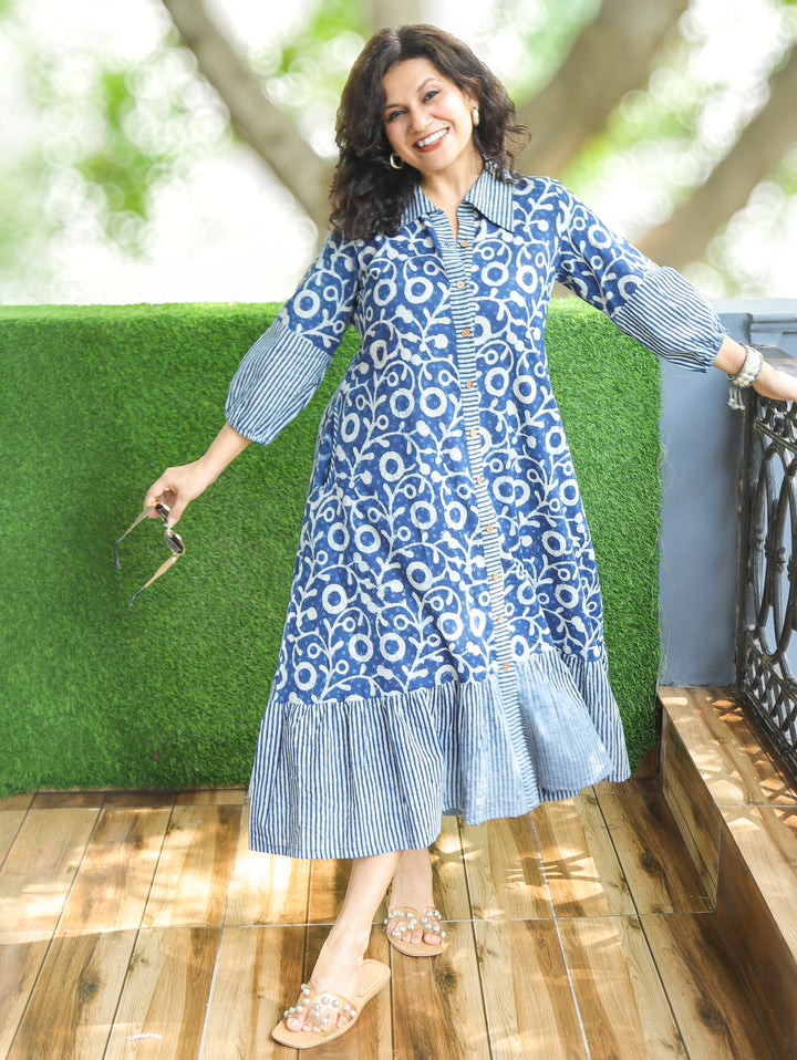 Asya Prussian Blue Dabu Print Button Down Cotton Dress