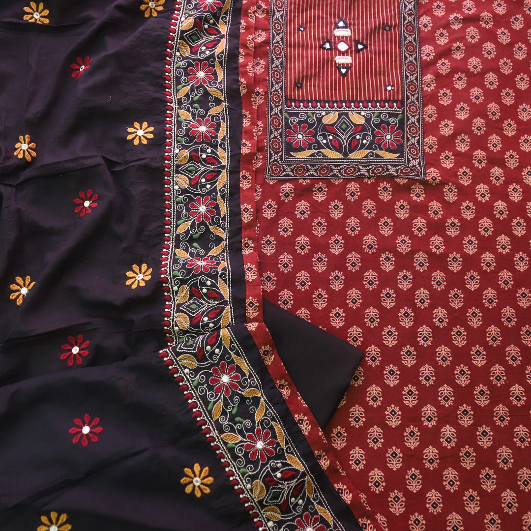 Hairat Berry Red Kutch Patch with Mirror Work Printed Cotton Suit Set