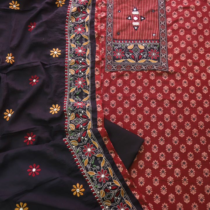 Hairat Berry Red Kutch Patch with Mirror Work Printed Cotton Suit Set