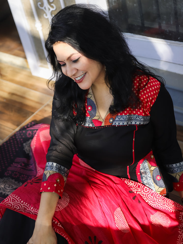 Parvati Oil Black Mashru Embroidered V Neck Yoke Panel Modal Silk 3 Piece with Pocket