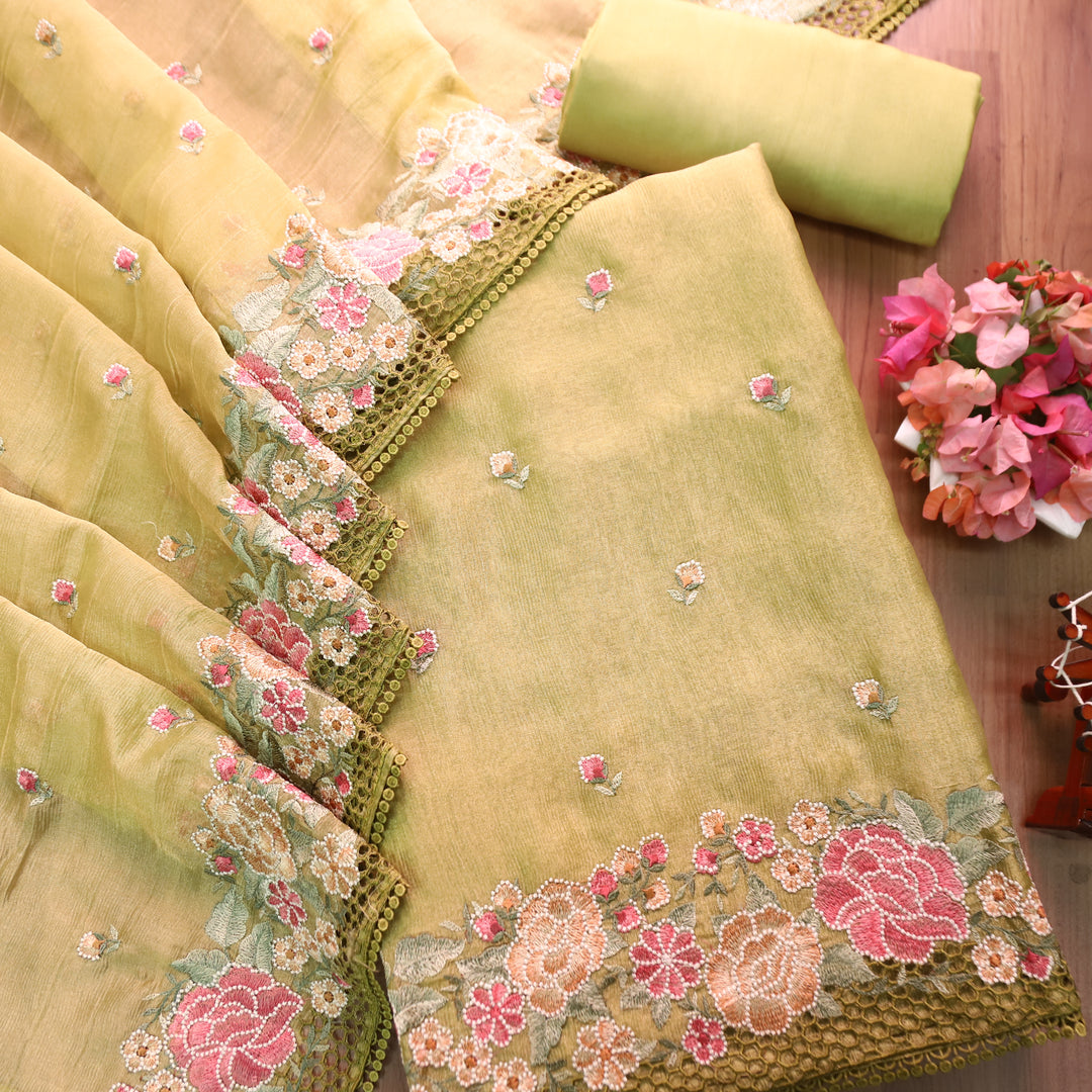 Avinya Green Thread Embroidered Hem Crinkle Shimmer Tissue Organza Set
