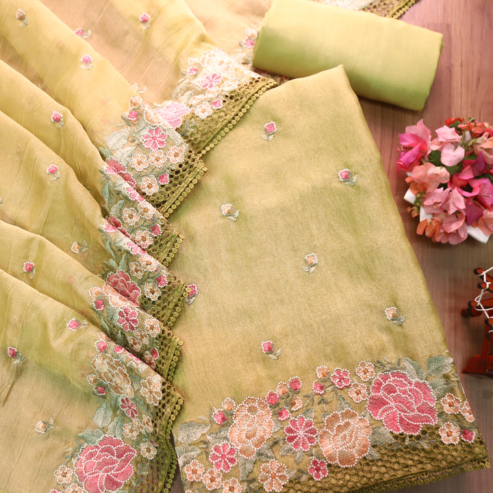 Avinya Green Thread Embroidered Hem Crinkle Shimmer Tissue Organza Set