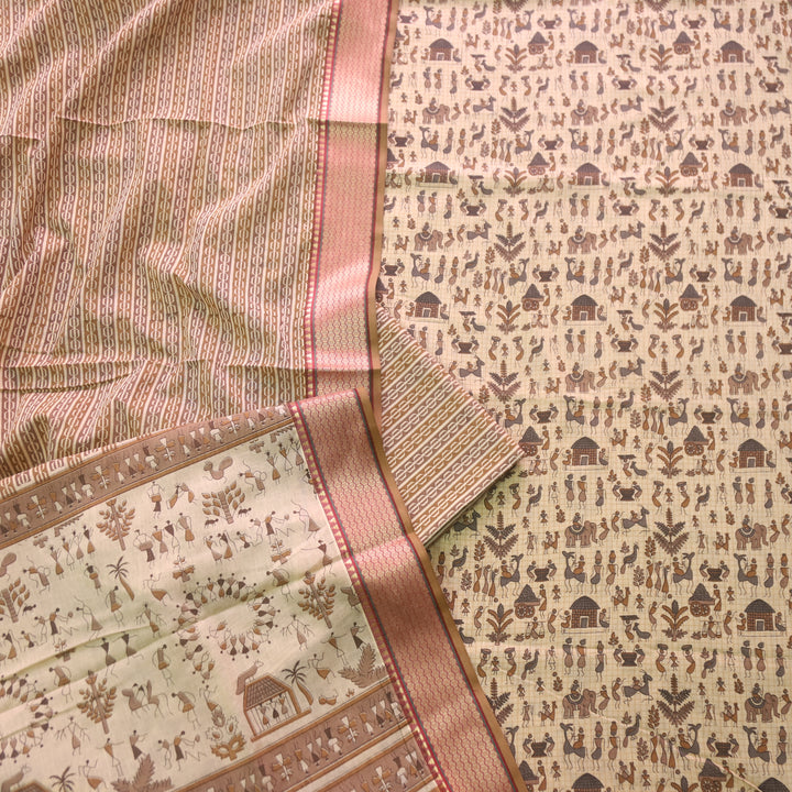 Zinat Sand Cream Warli Printed in Mangalgiri Hem Work Cotton Suit Set