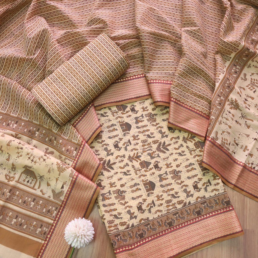 Zinat Sand Cream Warli Printed in Mangalgiri Hem Work Cotton Suit Set