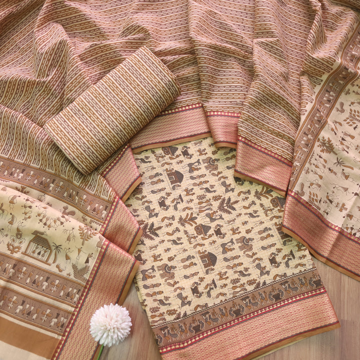 Zinat Sand Cream Warli Printed in Mangalgiri Hem Work Cotton Suit Set