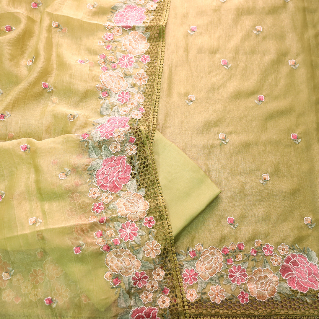 Avinya Green Thread Embroidered Hem Crinkle Shimmer Tissue Organza Set