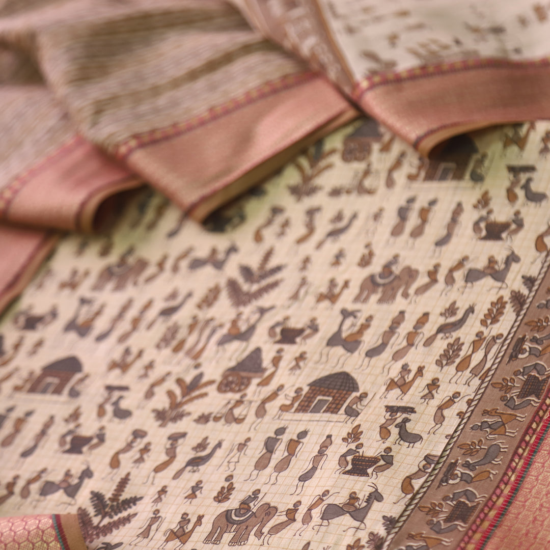 Zinat Sand Cream Warli Printed in Mangalgiri Hem Work Cotton Suit Set