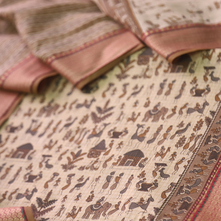 Zinat Sand Cream Warli Printed in Mangalgiri Hem Work Cotton Suit Set