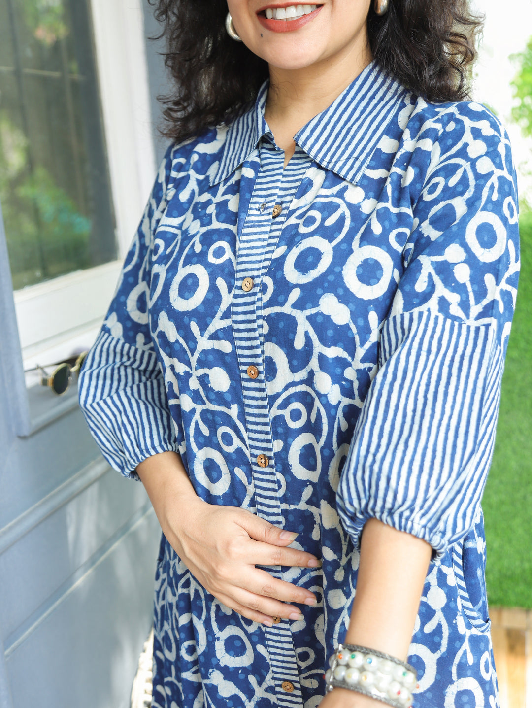 Asya Prussian Blue Dabu Print Button Down Cotton Dress