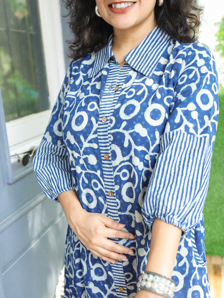 Asya Prussian Blue Dabu Print Button Down Cotton Dress