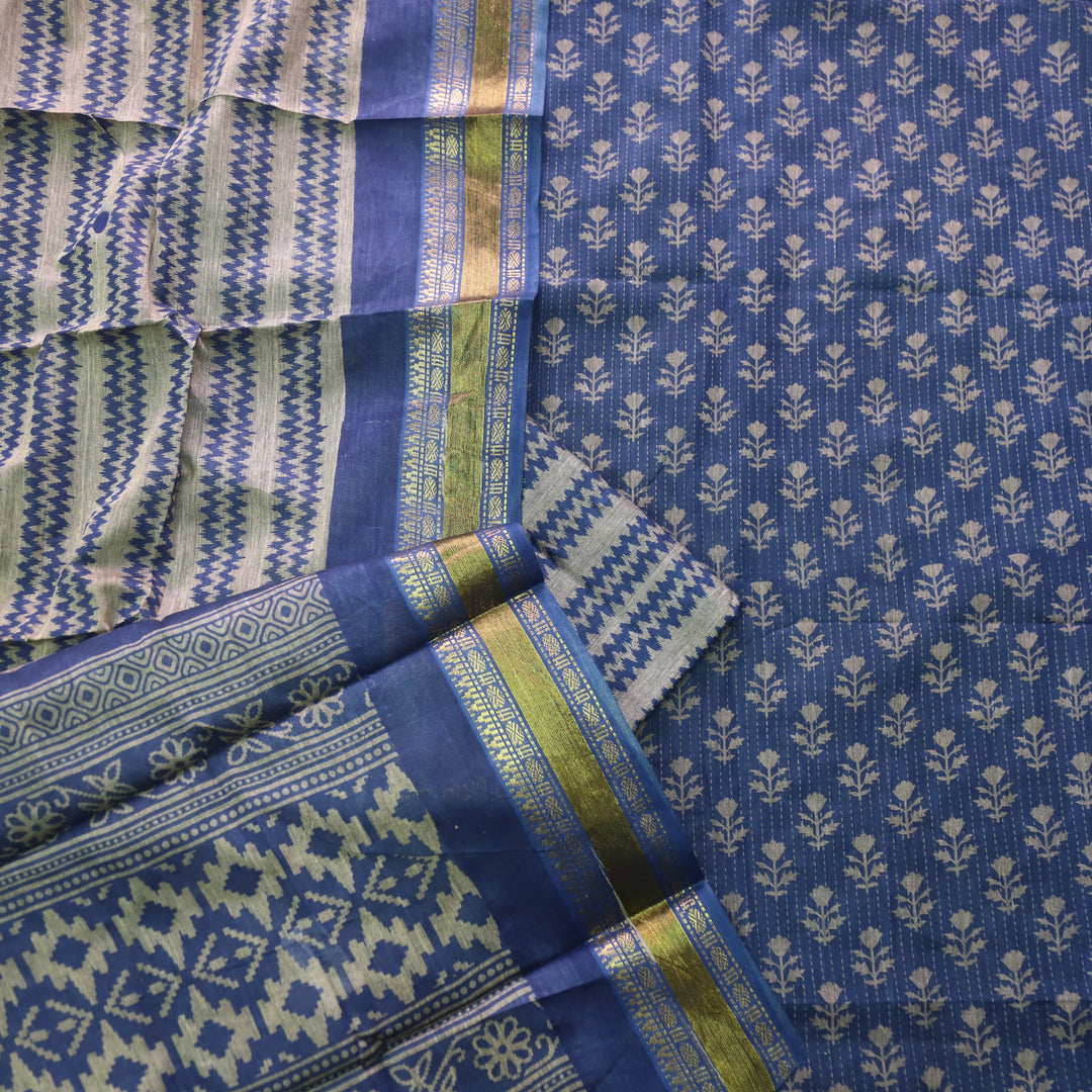 Zinat Denim Blue Digital Printed Mangalgiri Hem Work Cotton Suit Set