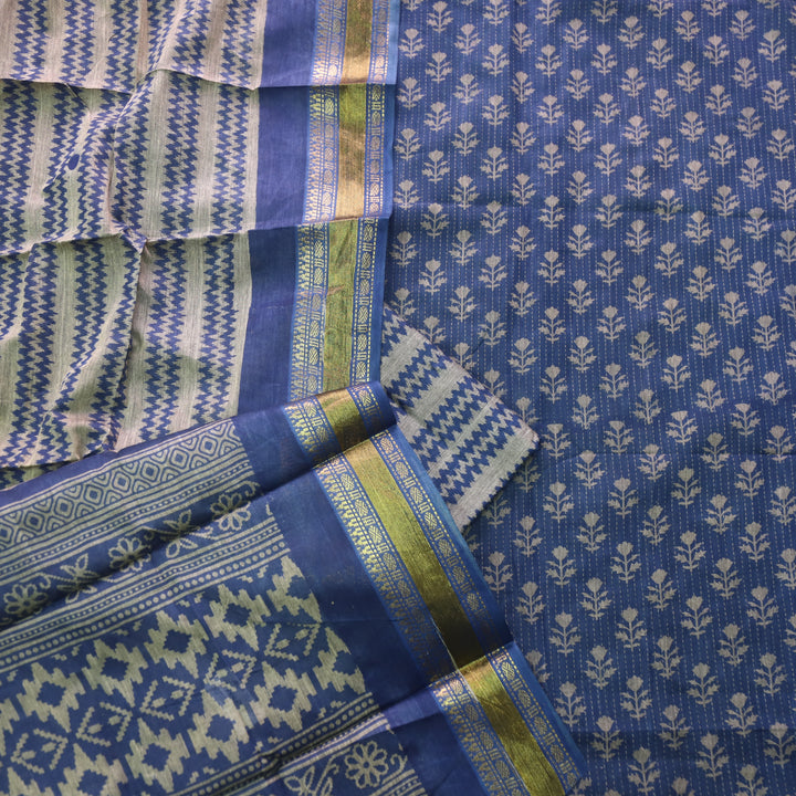 Zinat Denim Blue Digital Printed Mangalgiri Hem Work Cotton Suit Set