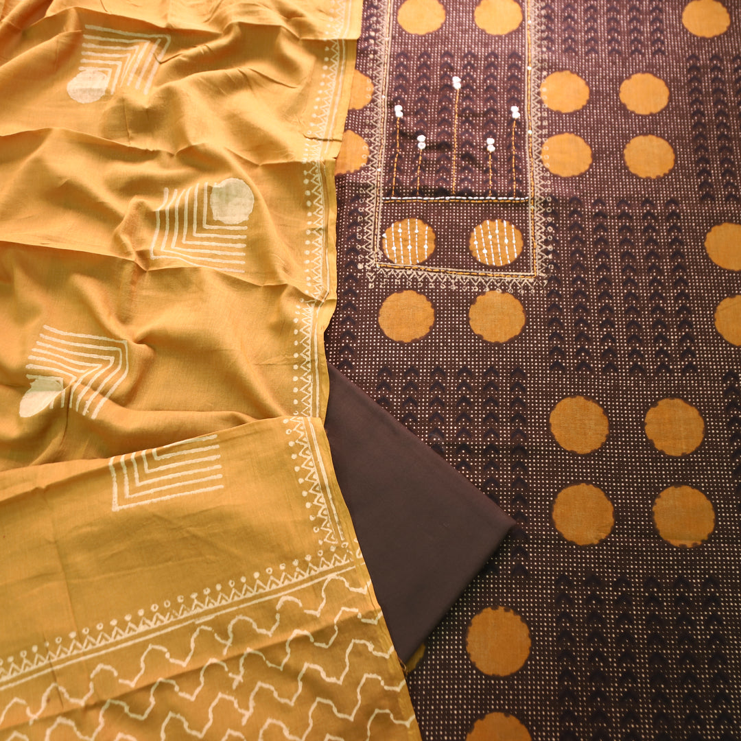 Charvi Brown Polka Dot Print Yoke with Mirror Work Cotton Set