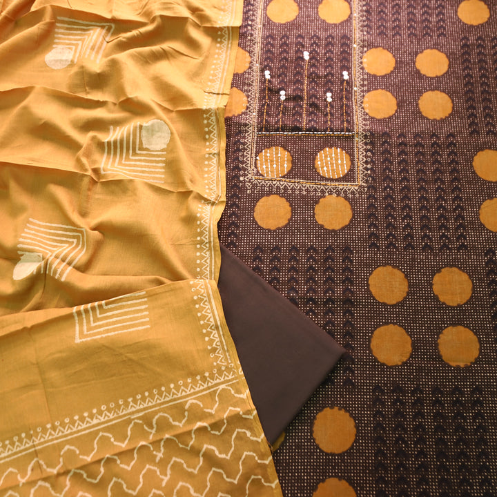 Charvi Brown Polka Dot Print Yoke with Mirror Work Cotton Set