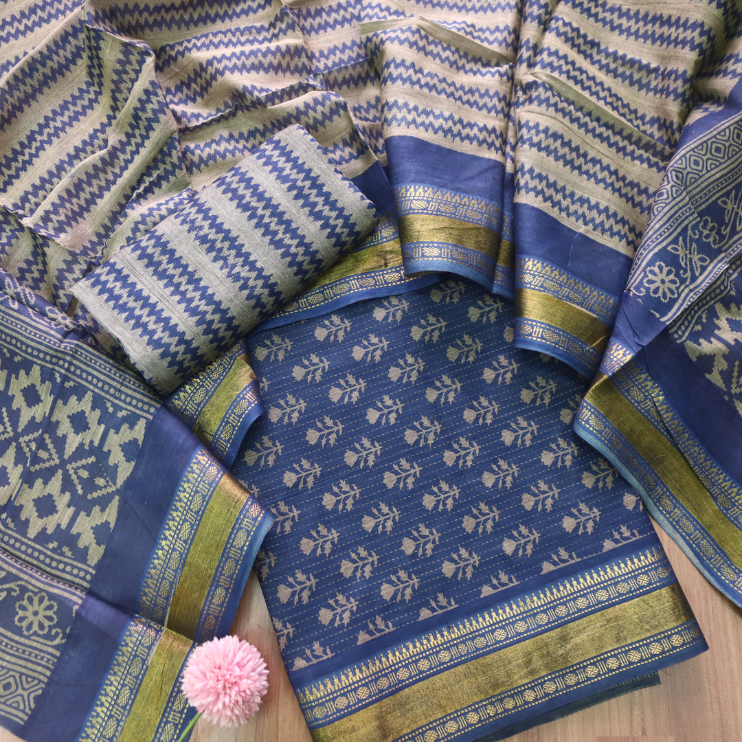 Zinat Denim Blue Digital Printed Mangalgiri Hem Work Cotton Suit Set