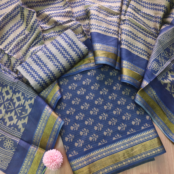 Zinat Denim Blue Digital Printed Mangalgiri Hem Work Cotton Suit Set
