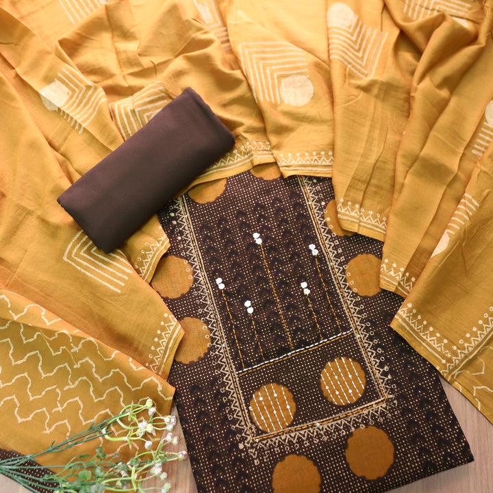 Charvi Brown Polka Dot Print Yoke with Mirror Work Cotton Set