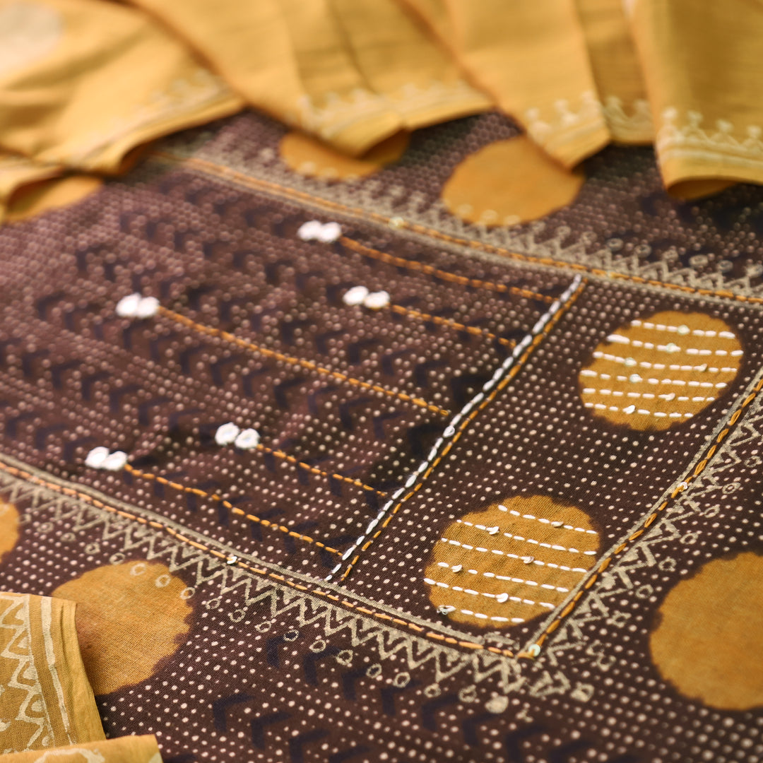 Charvi Brown Polka Dot Print Yoke with Mirror Work Cotton Set
