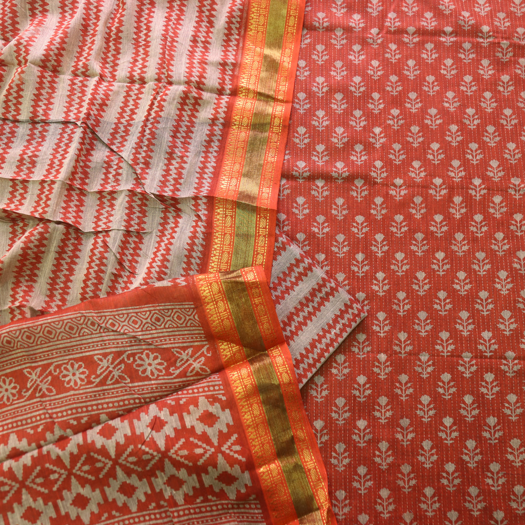 Zinat Rust Orange Digital Printed Mangalgiri Hem Work Cotton Suit Set