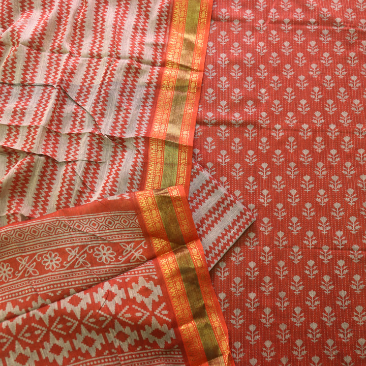 Zinat Rust Orange Digital Printed Mangalgiri Hem Work Cotton Suit Set