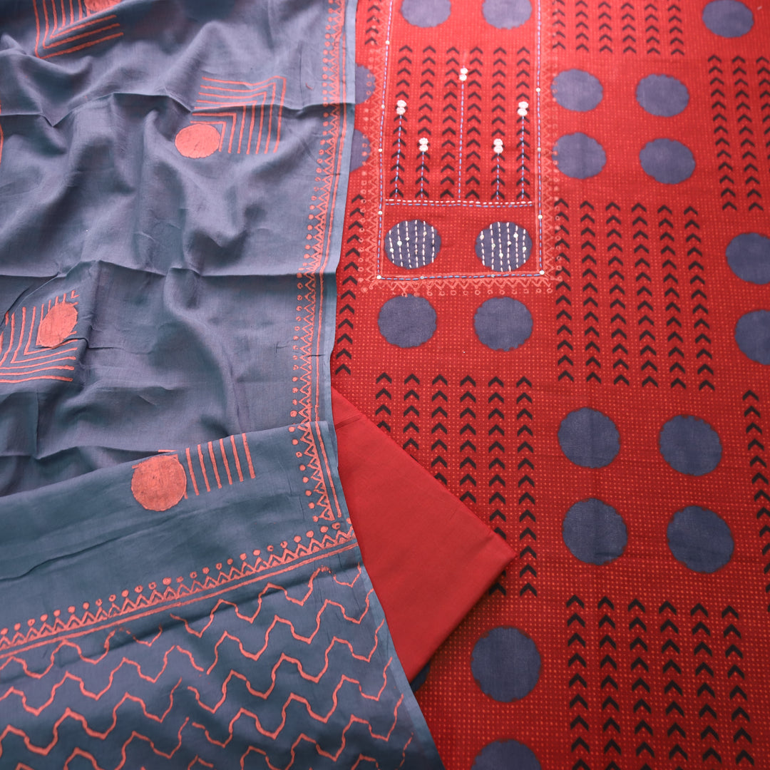 Charvi Red Polka Dot Print Yoke with Mirror Work Cotton Set
