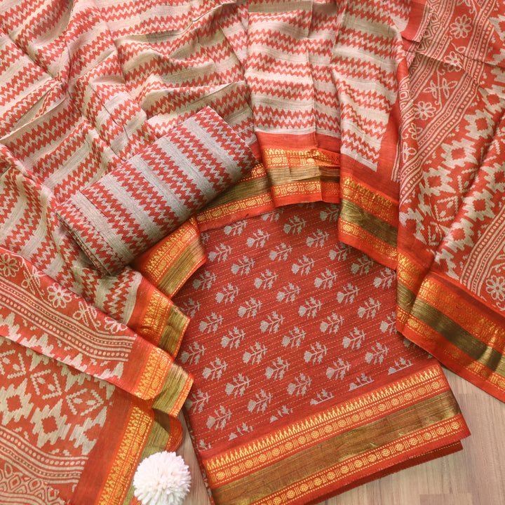 Zinat Rust Orange Digital Printed Mangalgiri Hem Work Cotton Suit Set