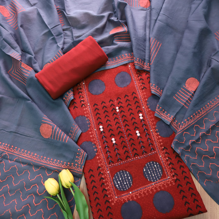 Charvi Red Polka Dot Print Yoke with Mirror Work Cotton Set