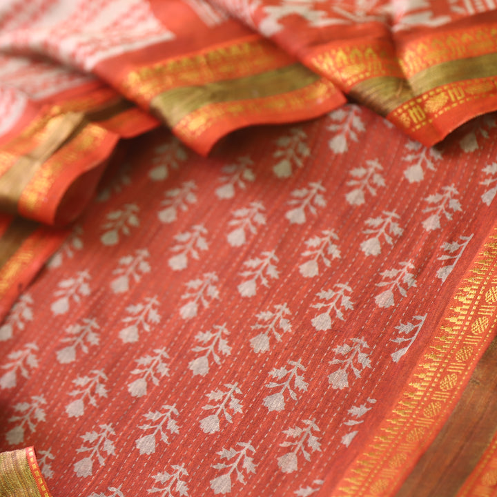 Zinat Rust Orange Digital Printed Mangalgiri Hem Work Cotton Suit Set