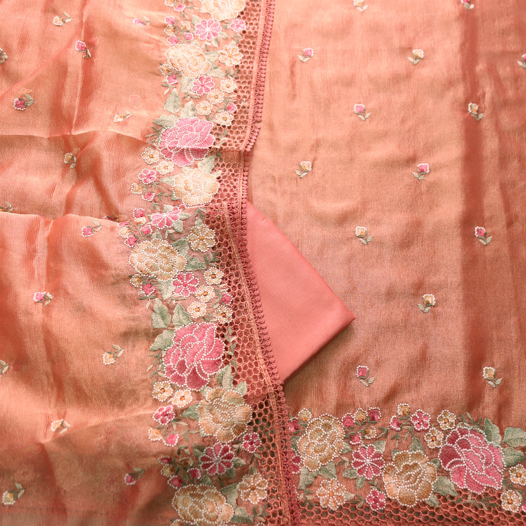 Avinya Peach Thread Embroidered Hem Crinkle Shimmer Tissue Organza Set