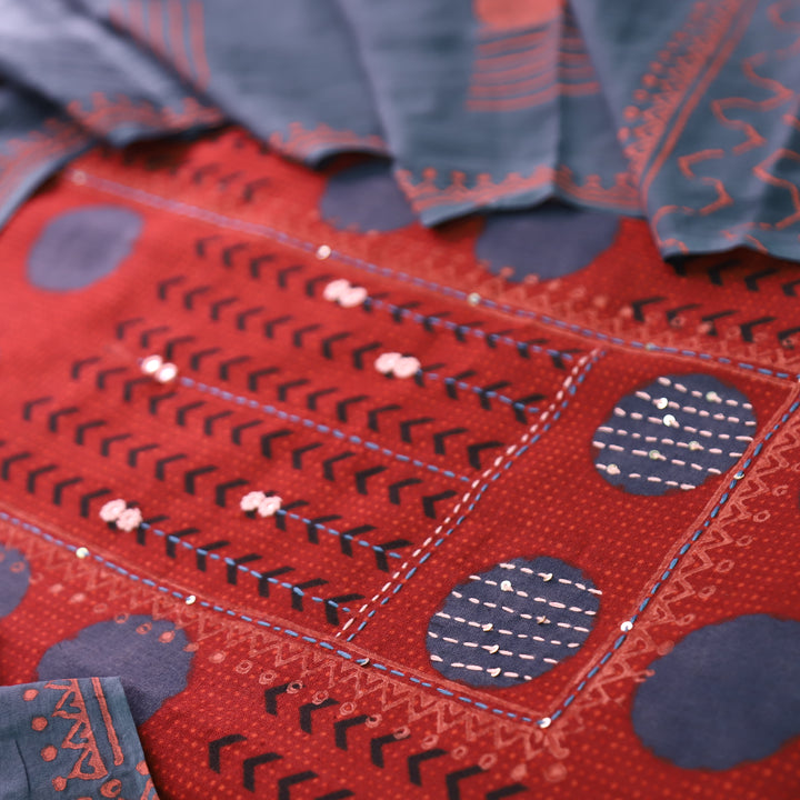 Charvi Red Polka Dot Print Yoke with Mirror Work Cotton Set