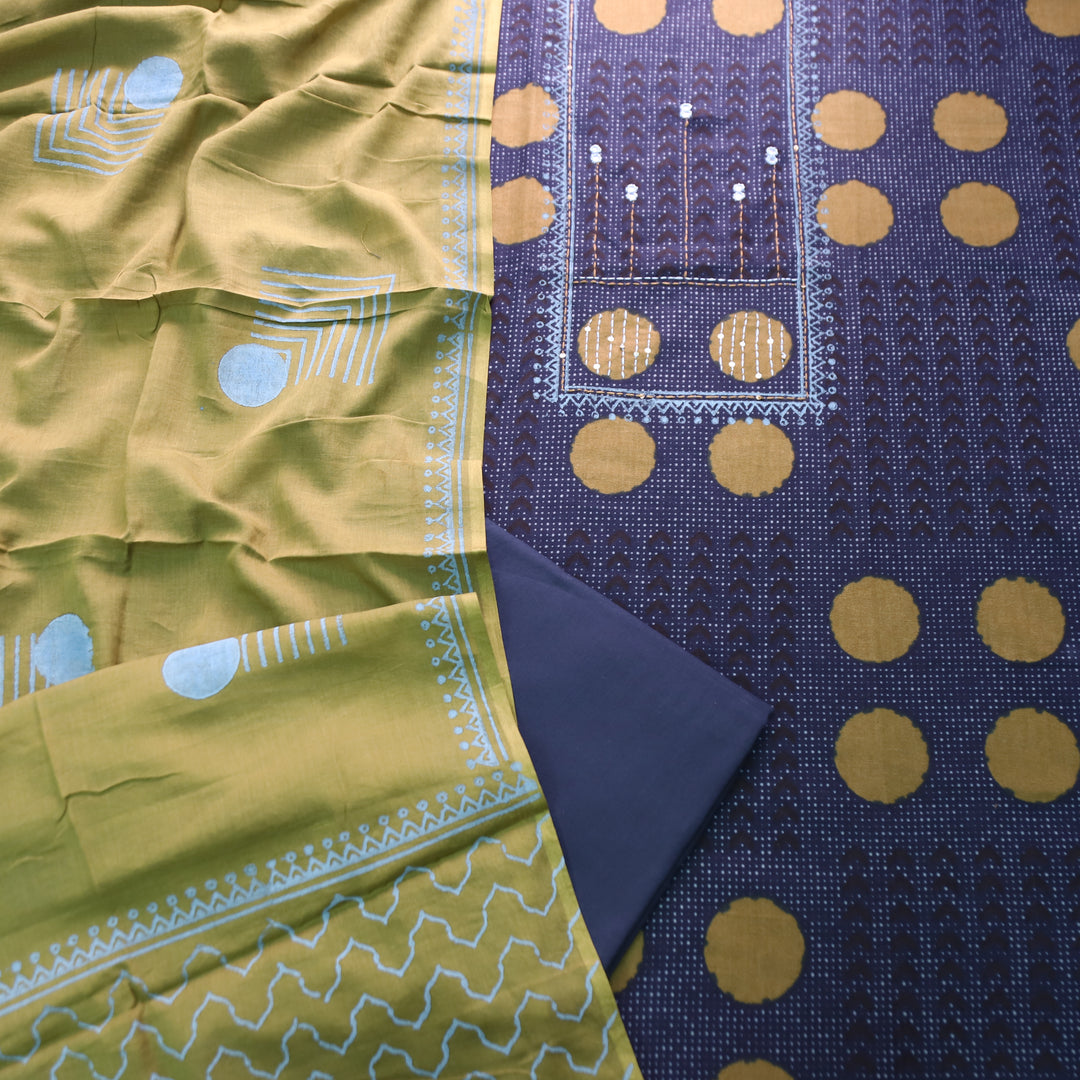 Charvi Blue Polka Dot Print Yoke with Mirror Work Cotton Set