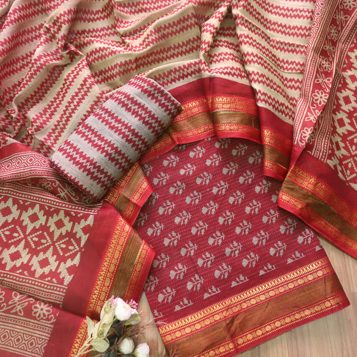 Zinat Ruby Pink Digital Printed Mangalgiri Hem Work Cotton Suit Set