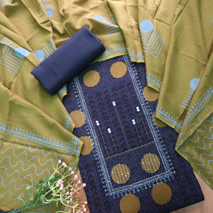 Charvi Blue Polka Dot Print Yoke with Mirror Work Cotton Set
