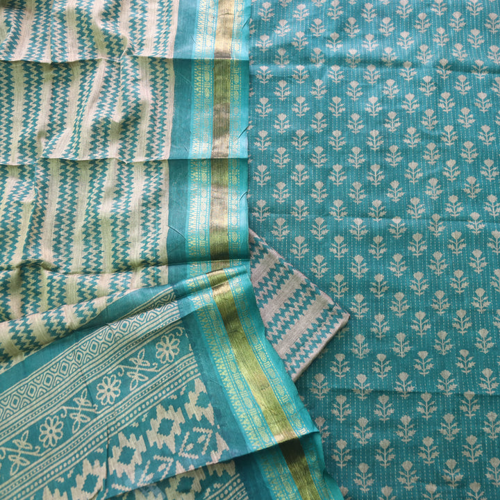 Zinat Fade Cyan Teal Digital Printed Mangalgiri Hem Work Cotton Suit Set