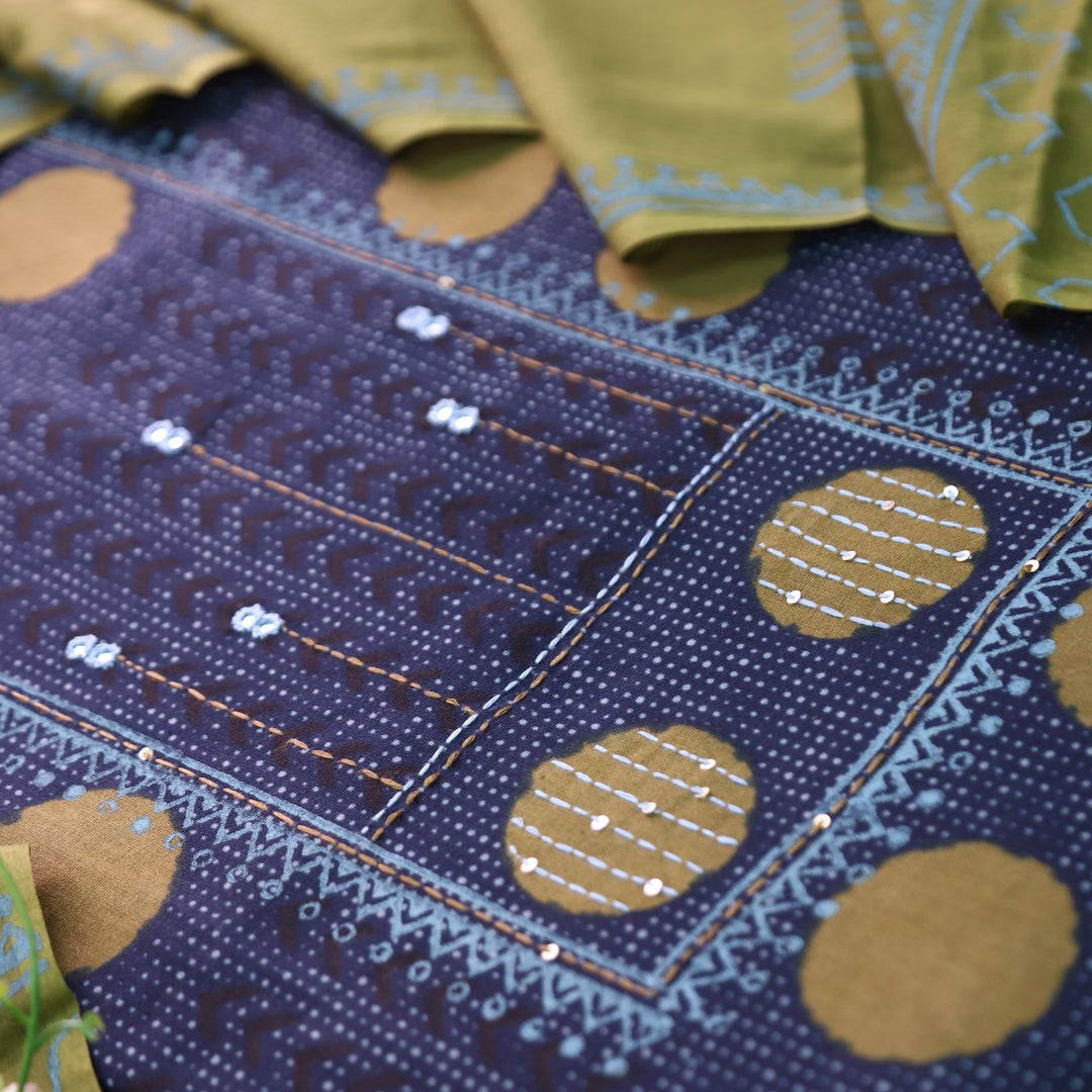 Charvi Blue Polka Dot Print Yoke with Mirror Work Cotton Set