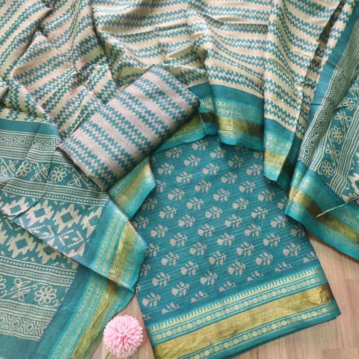 Zinat Fade Cyan Teal Digital Printed Mangalgiri Hem Work Cotton Suit Set