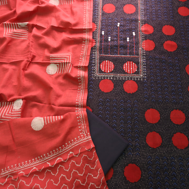 Charvi Black Polka Dot Print Yoke with Mirror Work Cotton Set
