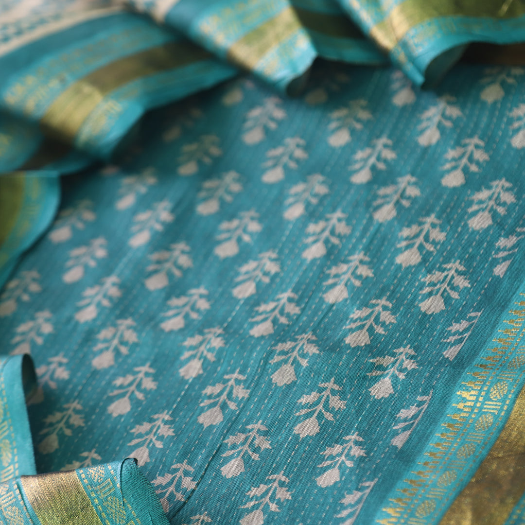 Zinat Fade Cyan Teal Digital Printed Mangalgiri Hem Work Cotton Suit Set