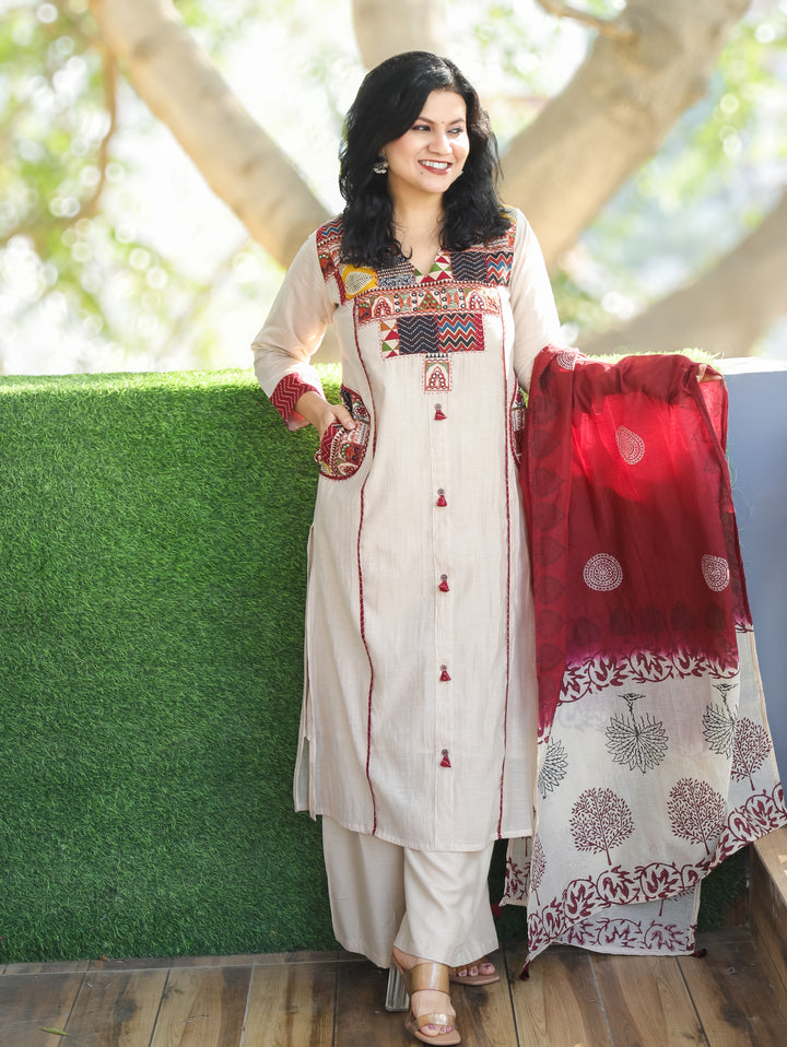 Parvati Tan Beige Embroidered V Yoke Panel Gathered Mul Chanderi 3 Piece with Pocket