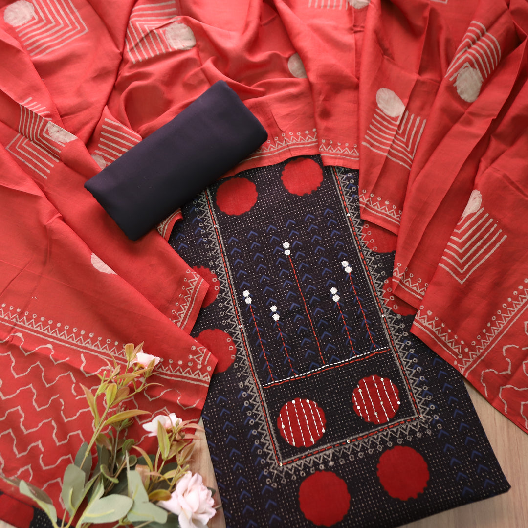 Charvi Black Polka Dot Print Yoke with Mirror Work Cotton Set
