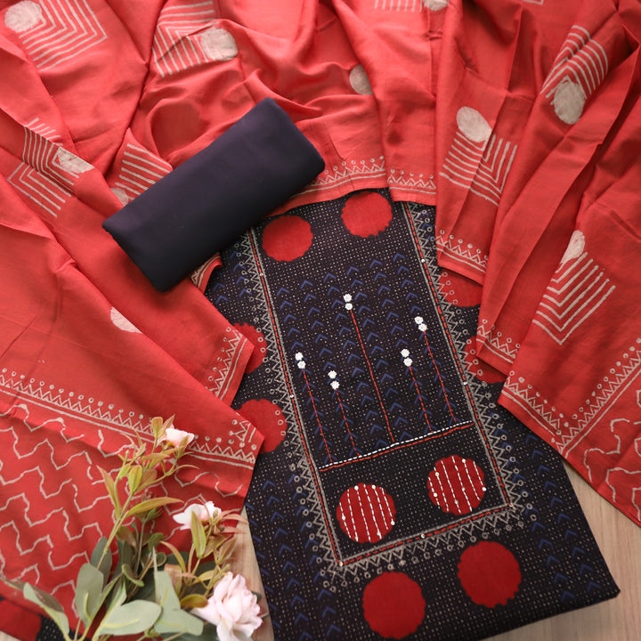 Charvi Black Polka Dot Print Yoke with Mirror Work Cotton Set